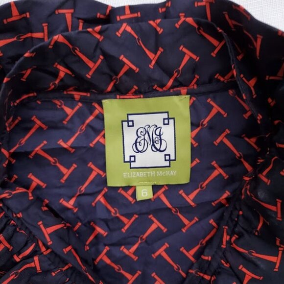 Elizabeth McKay Silk Ruffle Blouse Navy/Red Equestrian Chic T-Bar Print Top Sz 6 - Picture 7 of 13